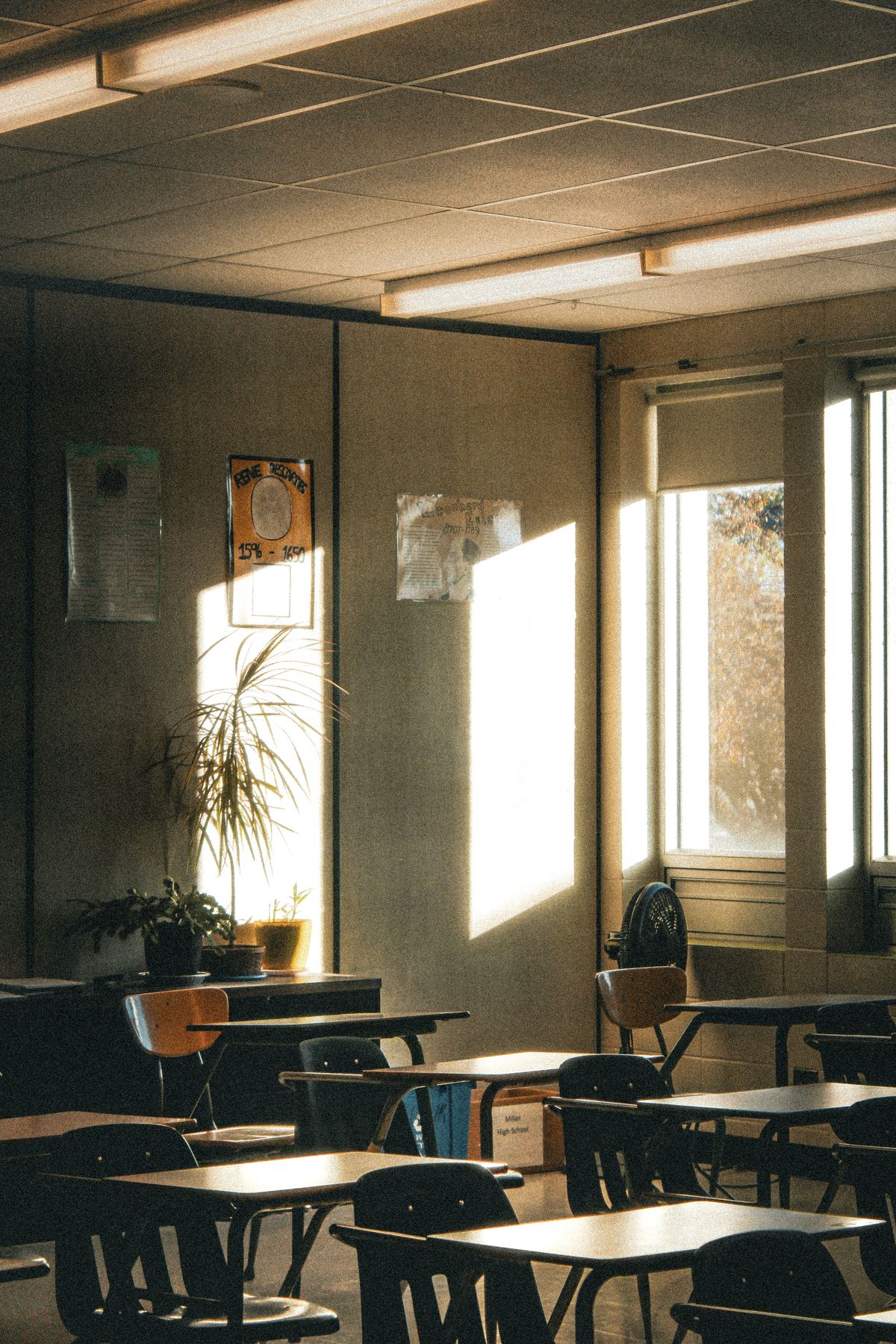 Sollys faller inn over tomme pulter i et klasserom