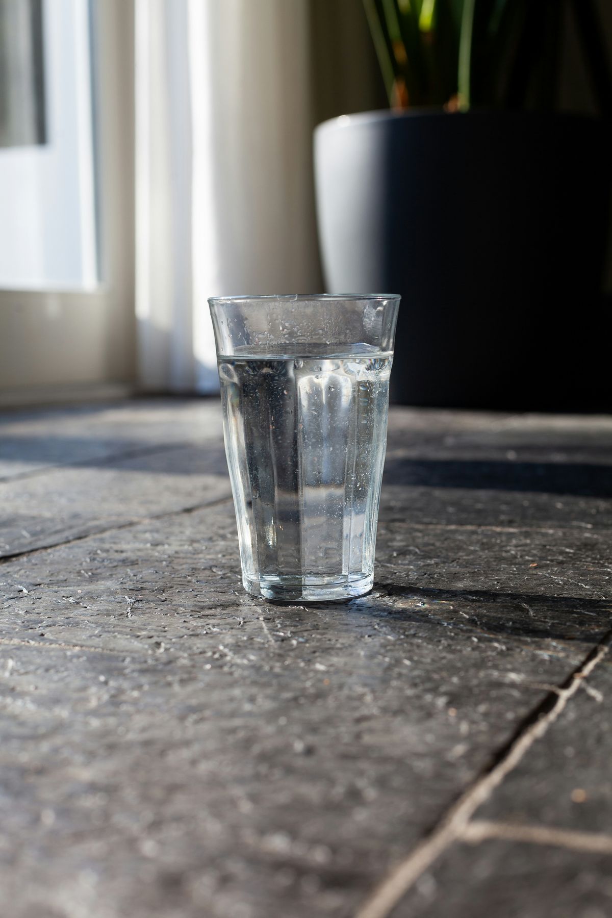 Glass med vann på et bord i sollys ved et vindu